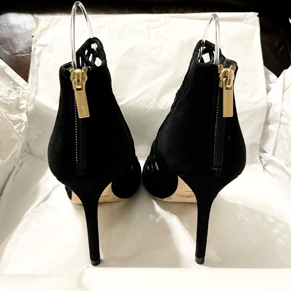 Jimmy Choo fishnet gladiator ankle peeptoe bootie Supple suede lthr blk EU37.5 - Picture 6 of 9